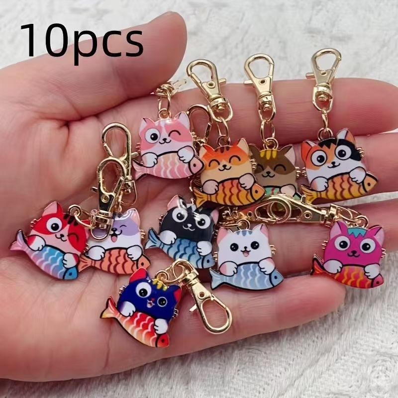 Party Favor Bag - 10 stuks geprinte katten-sleutelhangers van legering,